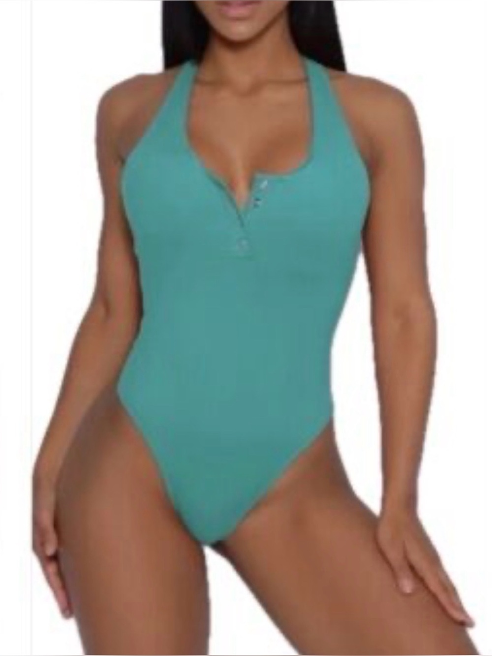 NWOT Bombshell Sportswear Teal Halter Button-Front bodysuit